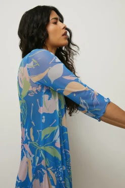 Hot Oasis Petite Floral Mesh Midi Dress Blue