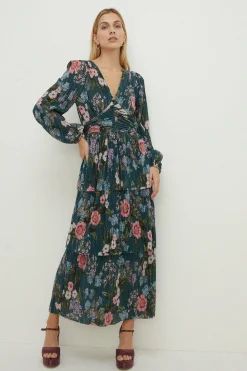 Discount Oasis Petite Floral Metallic Plisse Tiered Midi Dress Green