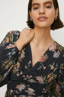 Clearance Oasis Petite Floral Metallic Plisse Tiered Mini Dress Multi