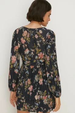 Clearance Oasis Petite Floral Metallic Plisse Tiered Mini Dress Multi