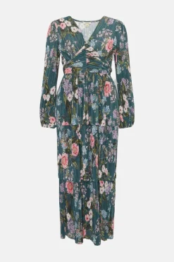 Discount Oasis Petite Floral Metallic Plisse Tiered Midi Dress Green