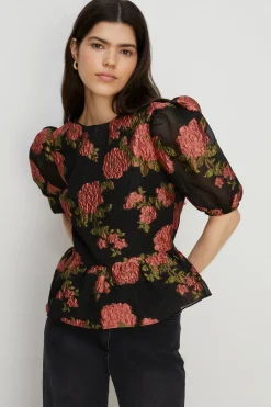 Best Oasis Petite Floral Peplum Jacquard Top Black
