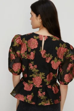 Best Oasis Petite Floral Peplum Jacquard Top Black