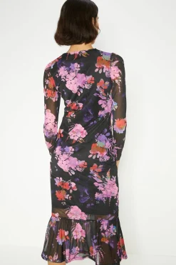 New Oasis Petite Floral Printed Gauged Front Midi Dress Multi