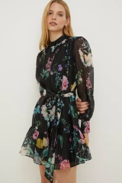New Oasis Petite Floral Printed Organza Mini Shirt Dress Multi