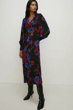 Online Oasis Petite Floral Printed Twist Front Crepe Midi Dress Black