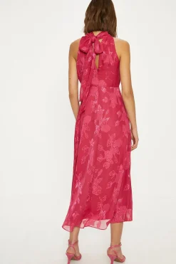 Best Oasis Petite Floral Satin Burnout Halter Midi Dress Magenta Pink