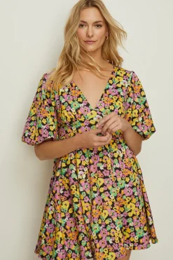 New Oasis Petite Floral Scuba Puff Sleeve Skater Multi