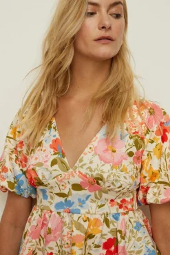 New Oasis Petite Floral Scuba Puff Sleeve Skater Dress Cream