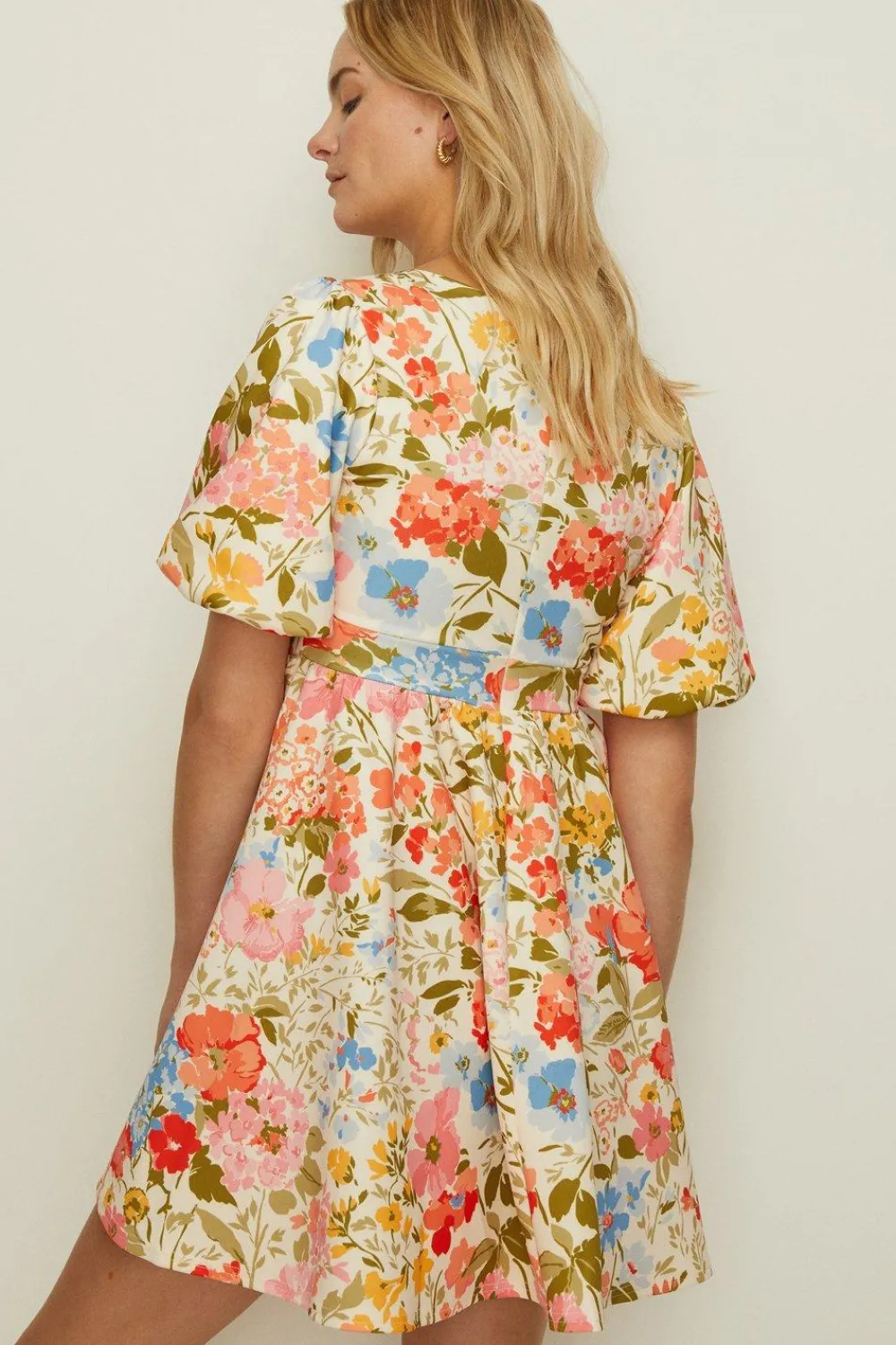 New Oasis Petite Floral Scuba Puff Sleeve Skater Dress Cream