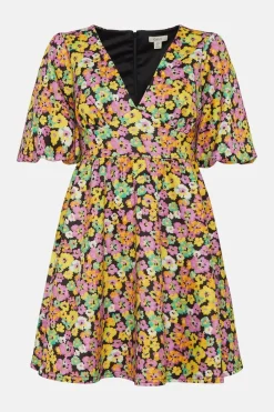 New Oasis Petite Floral Scuba Puff Sleeve Skater Multi