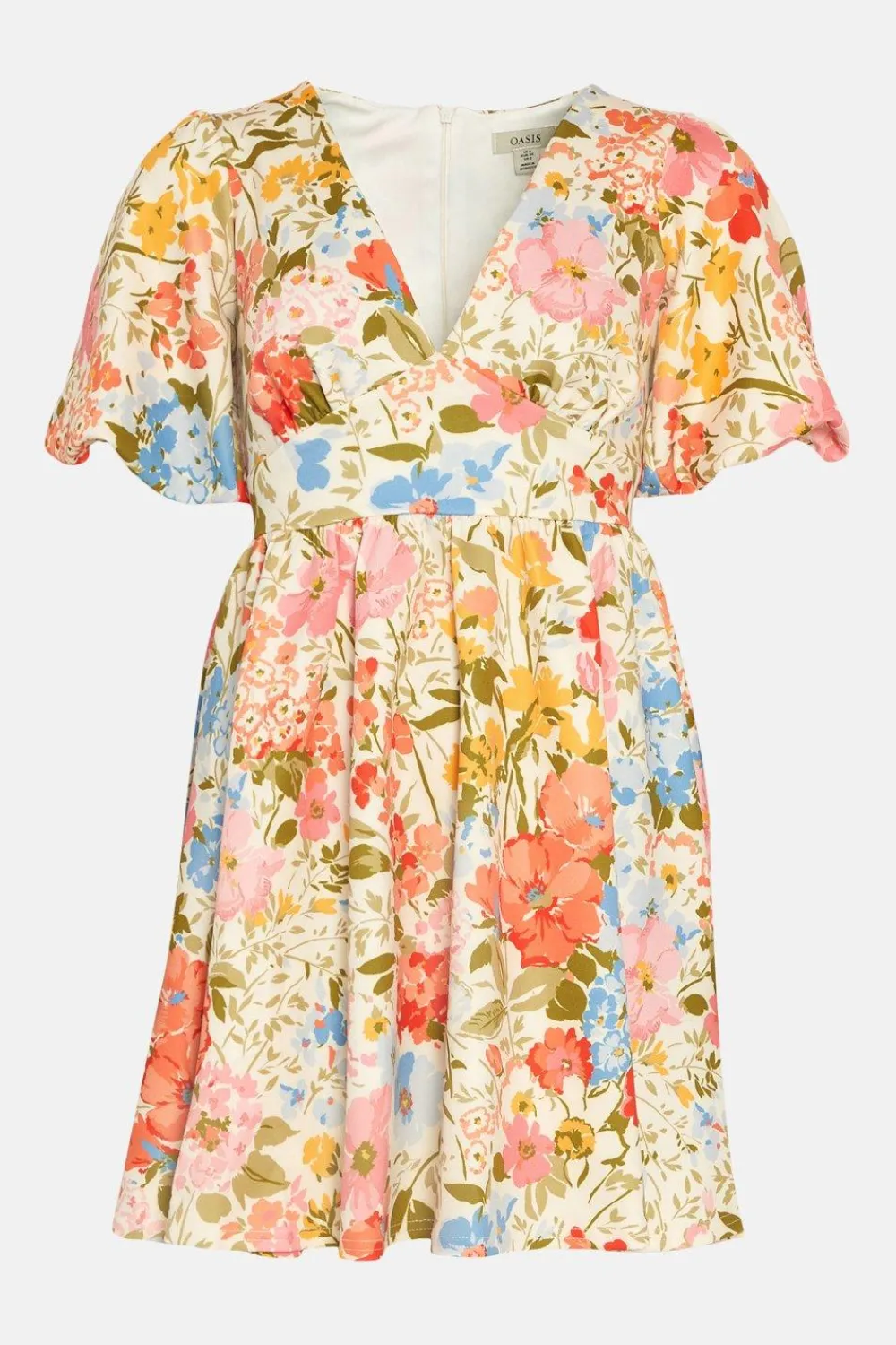New Oasis Petite Floral Scuba Puff Sleeve Skater Dress Cream
