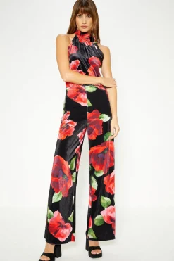 Online Oasis Petite Floral Velvet High Neck Halter Jumpsuit Black