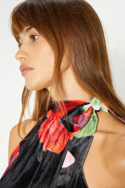 Online Oasis Petite Floral Velvet High Neck Halter Jumpsuit Black