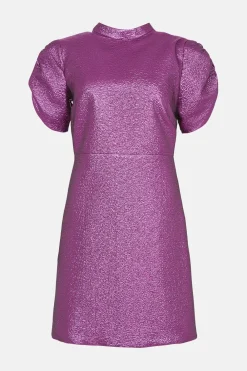 New Oasis Petite Foil Jacquard Puff Sleeve Bow Back Dress Purple