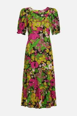 Sale Oasis Petite Frill Ruffle Colourful Floral Dress Multi