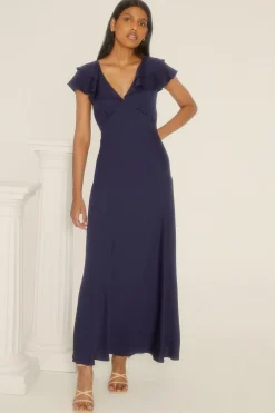 Online Oasis Petite Frill V Neck Satin Bias Midaxi Dress Navy