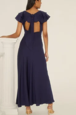 Online Oasis Petite Frill V Neck Satin Bias Midaxi Dress Navy