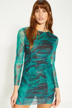 Discount Oasis Petite Glitter Mesh Ruched Mini Dress Green