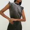 Online Oasis Petite Glitter Velvet Frill Sleeveless Top Grey