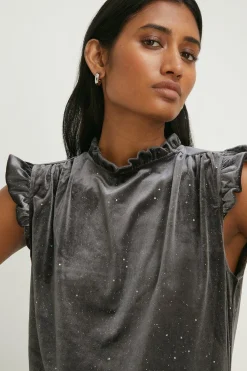 Online Oasis Petite Glitter Velvet Frill Sleeveless Top Grey