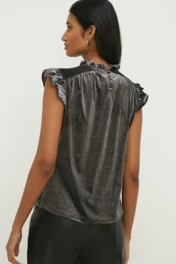 Online Oasis Petite Glitter Velvet Frill Sleeveless Top Grey