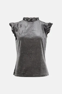 Online Oasis Petite Glitter Velvet Frill Sleeveless Top Grey