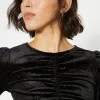 Online Oasis Petite Glitter Velvet Ruched Top Black