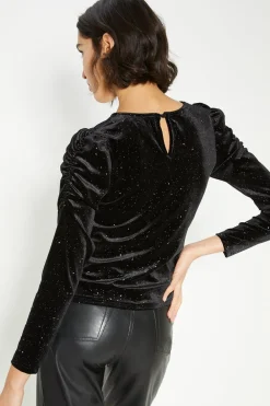 Online Oasis Petite Glitter Velvet Ruched Top Black