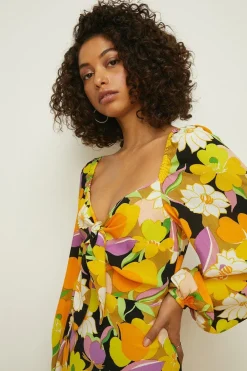 Clearance Oasis Petite Graphic Floral Tie Front Midi Dress Yellow