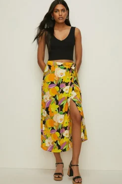 Discount Oasis Petite Graphic Floral Tie Wrap Midi Skirt Yellow