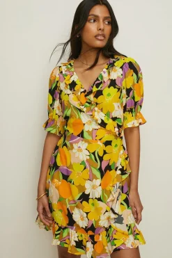 Clearance Oasis Petite Graphic Floral Wrap Skater Dress Yellow