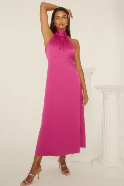 New Oasis Petite Halter Neck Midi Dress Magenta
