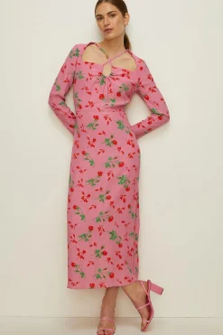 New Oasis Petite Keyhole Detail Printed Midi Dress Rose