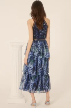 Best Oasis Petite Lace Halter Floral Tiered Midi Dress Navy