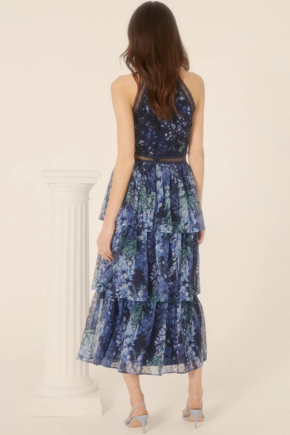 Best Oasis Petite Lace Halter Floral Tiered Midi Dress Navy