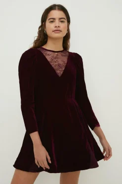 Outlet Oasis Petite Lace Mix Velvet Skater Dress Wine