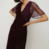 Hot Oasis Petite Lace Mix Velvet Wrap Midi Dress Wine