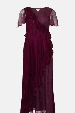 Hot Oasis Petite Lace Mix Velvet Wrap Midi Dress Wine