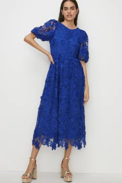 Best Oasis Petite Lace Puff Sleeve Midi Dress Cobalt