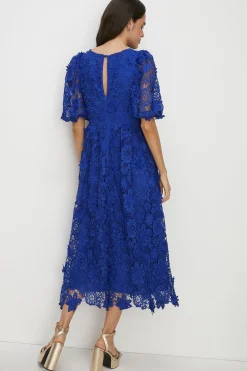 Best Oasis Petite Lace Puff Sleeve Midi Dress Cobalt