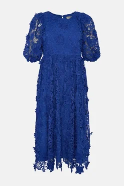 Best Oasis Petite Lace Puff Sleeve Midi Dress Cobalt