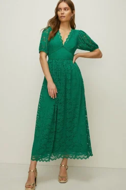 Hot Oasis Petite Lace Puff Sleeve V Neck Midaxi Dress Green