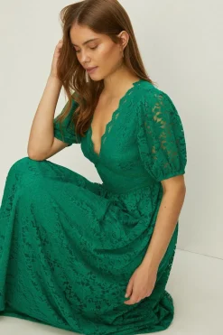 Hot Oasis Petite Lace Puff Sleeve V Neck Midaxi Dress Green