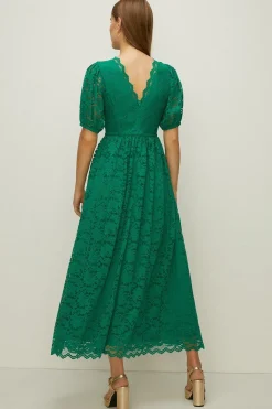 Hot Oasis Petite Lace Puff Sleeve V Neck Midaxi Dress Green