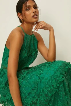 Clearance Oasis Petite Lace Tiered Halter Neck Midi Dress Bright Green