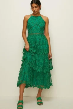 Clearance Oasis Petite Lace Tiered Halter Neck Midi Dress Bright Green
