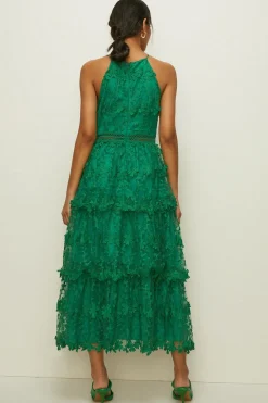 Clearance Oasis Petite Lace Tiered Halter Neck Midi Dress Bright Green