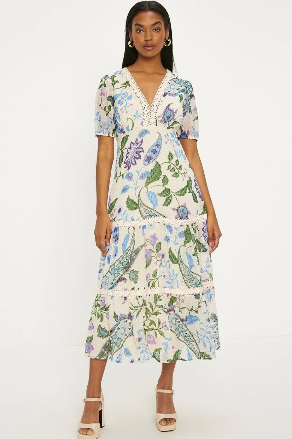 Online Oasis Petite Lace Trim Dobby Chiffon Floral Print Midi Dress Ivory