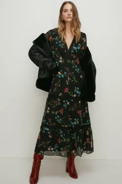 Outlet Oasis Petite Lace Trim Dobby Chiffon Floral Print Midi Dress Black